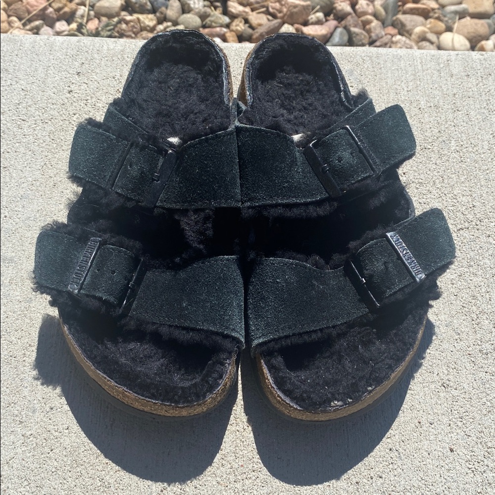 Birkenstock Black Furry Double Buckle Slide - Picture 4 of 11